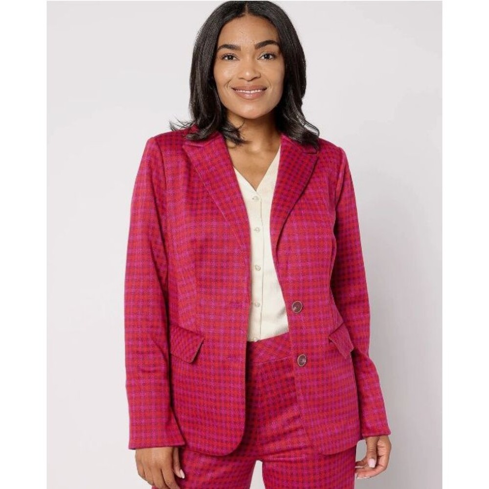 Isaac Mizrahi Live! Estate Yarn Dye Plaid Two Button Blazer Wine Size Large NEW